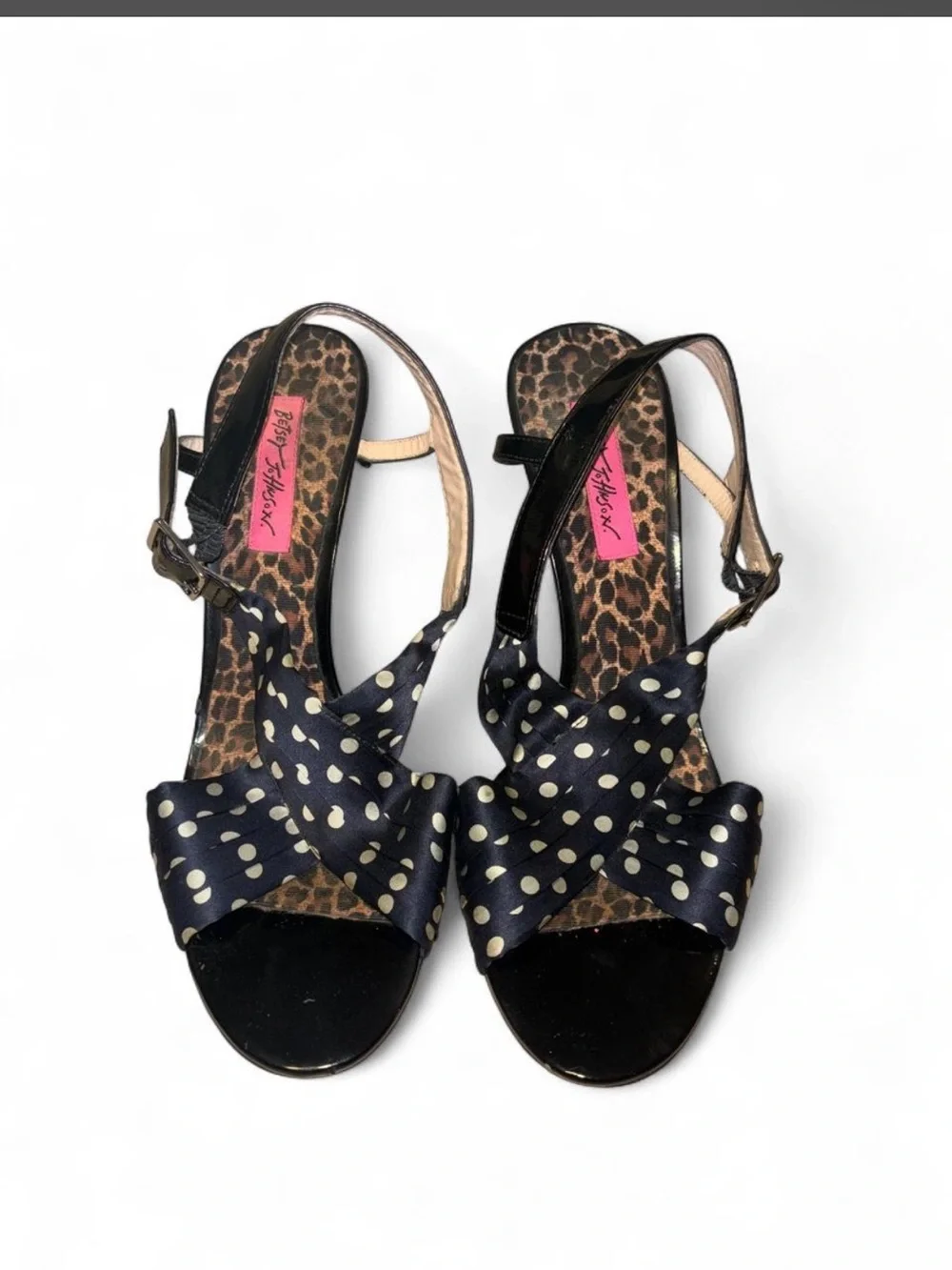 Betsey Johnson Navy Polka Dot Slingback Heels with Leopard Insole